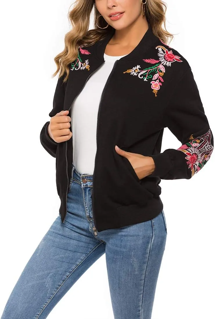AK Women's Full Zip Long Sleeve Embroidered Sweatshirt Floral Boho Embroidered Mexican Hoodie Fall Winter Coat Tops Jackets