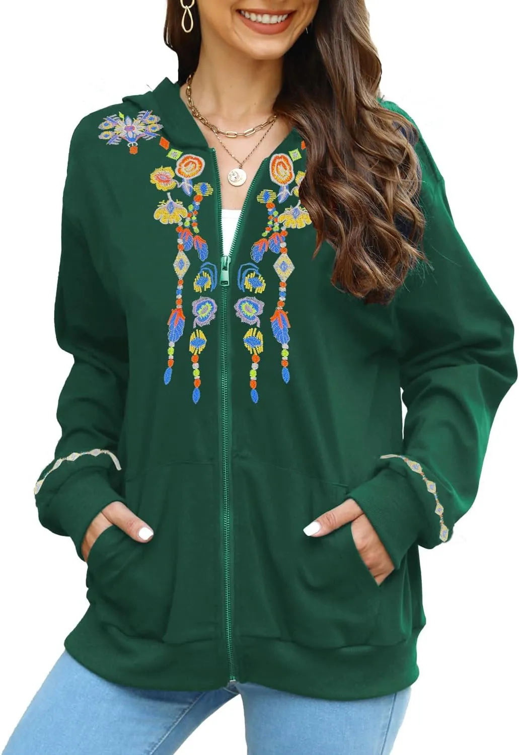 AK Women's Full Zip Long Sleeve Embroidered Sweatshirt Floral Boho Embroidered Mexican Hoodie Fall Winter Coat Tops Jackets