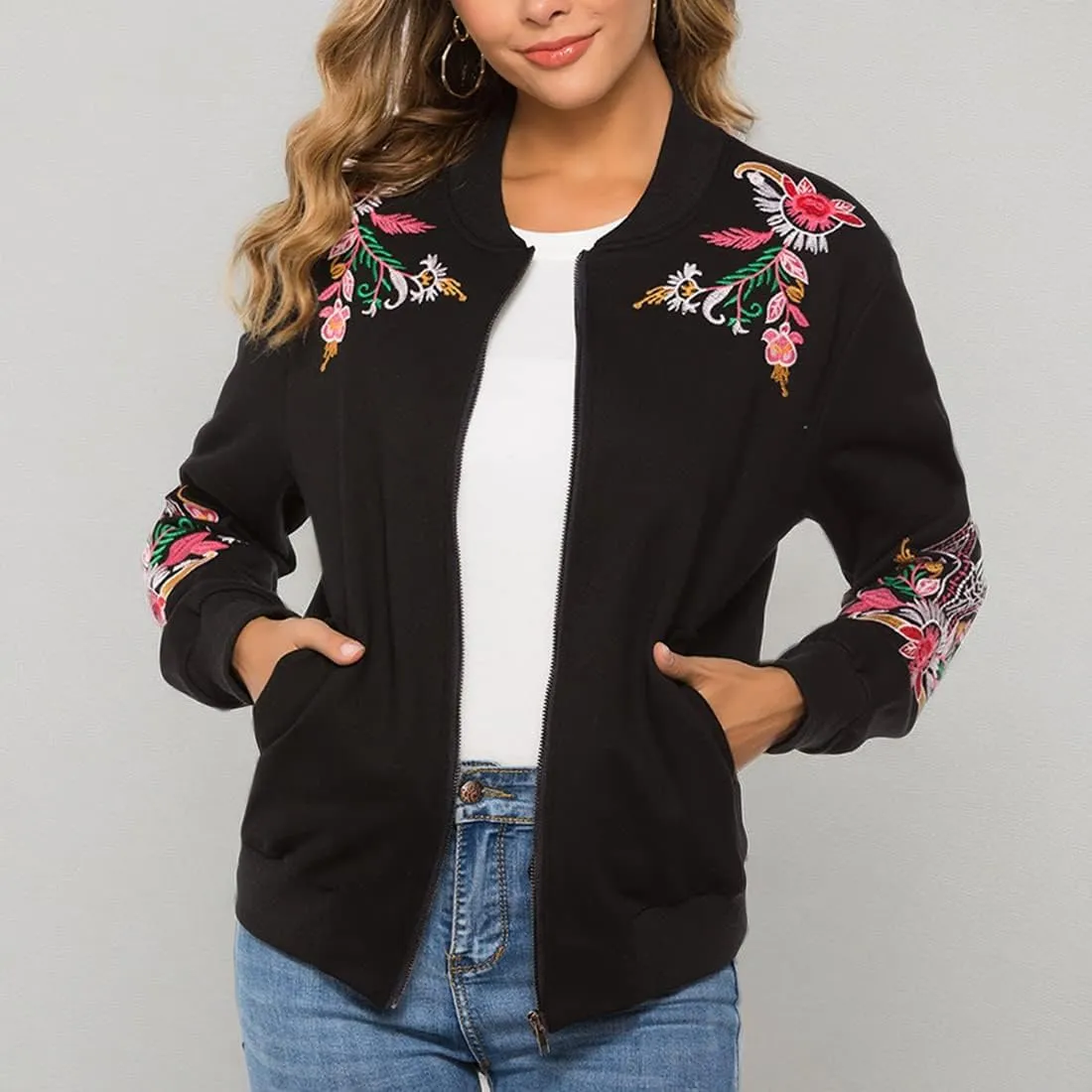 AK Women's Full Zip Long Sleeve Embroidered Sweatshirt Floral Boho Embroidered Mexican Hoodie Fall Winter Coat Tops Jackets