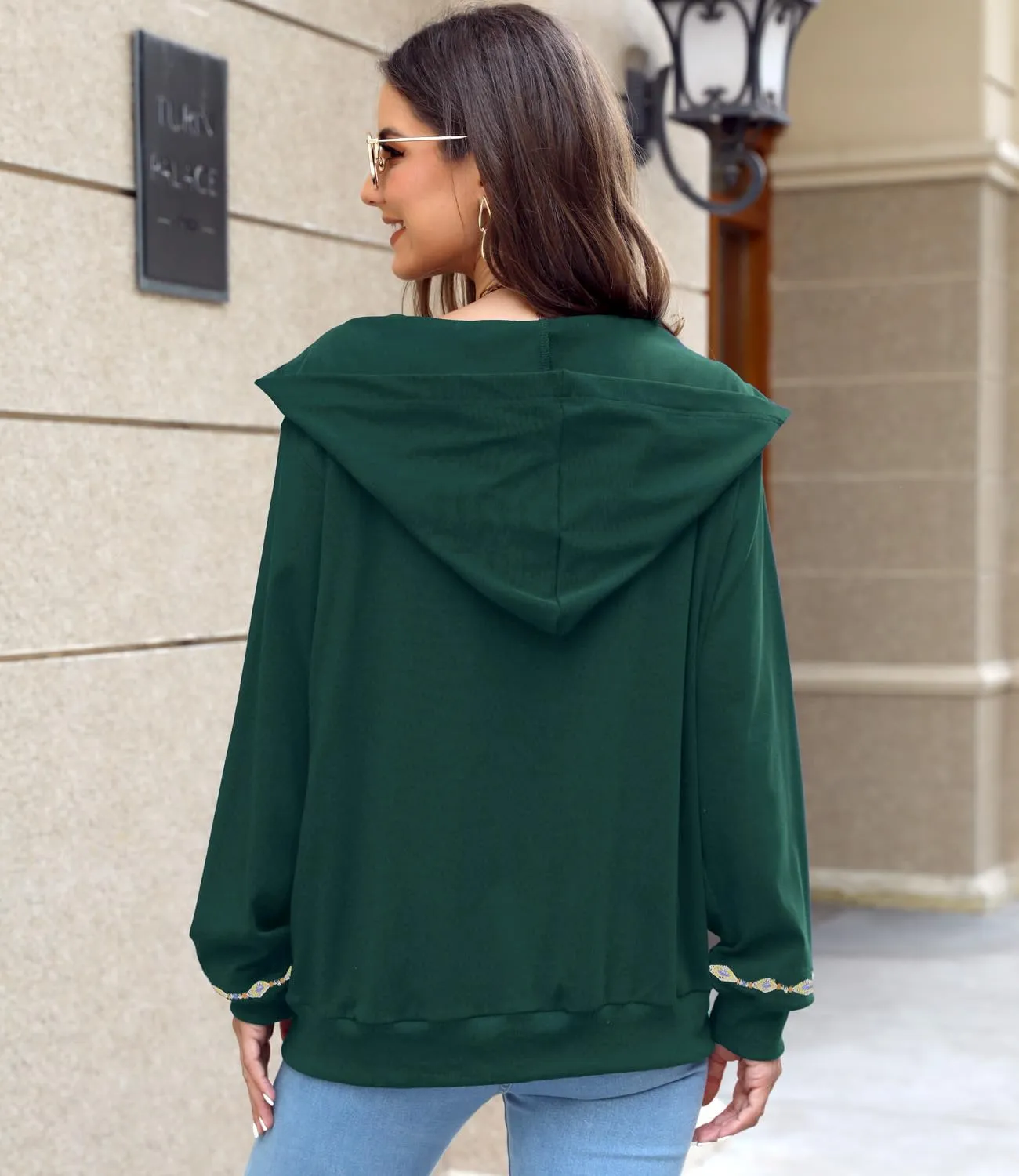 AK Women's Full Zip Long Sleeve Embroidered Sweatshirt Floral Boho Embroidered Mexican Hoodie Fall Winter Coat Tops Jackets