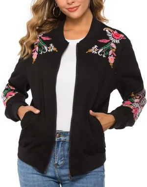 AK Women's Full Zip Long Sleeve Embroidered Sweatshirt Floral Boho Embroidered Mexican Hoodie Fall Winter Coat Tops Jackets