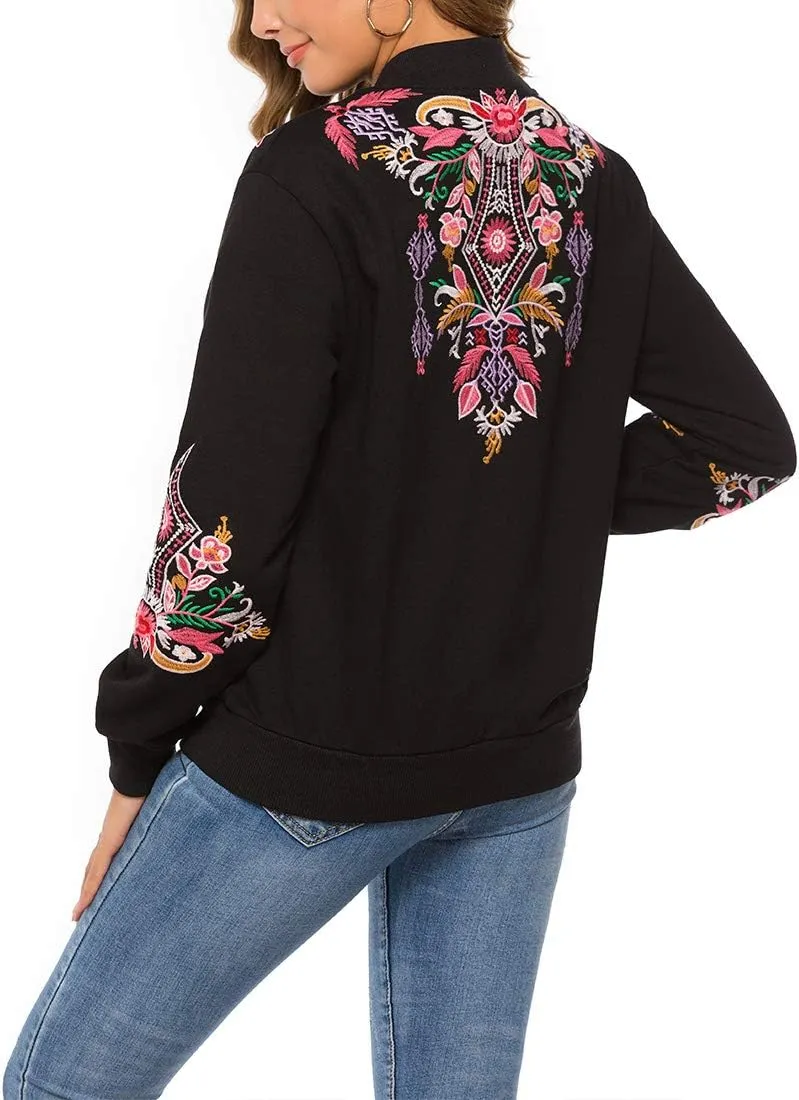AK Women's Full Zip Long Sleeve Embroidered Sweatshirt Floral Boho Embroidered Mexican Hoodie Fall Winter Coat Tops Jackets