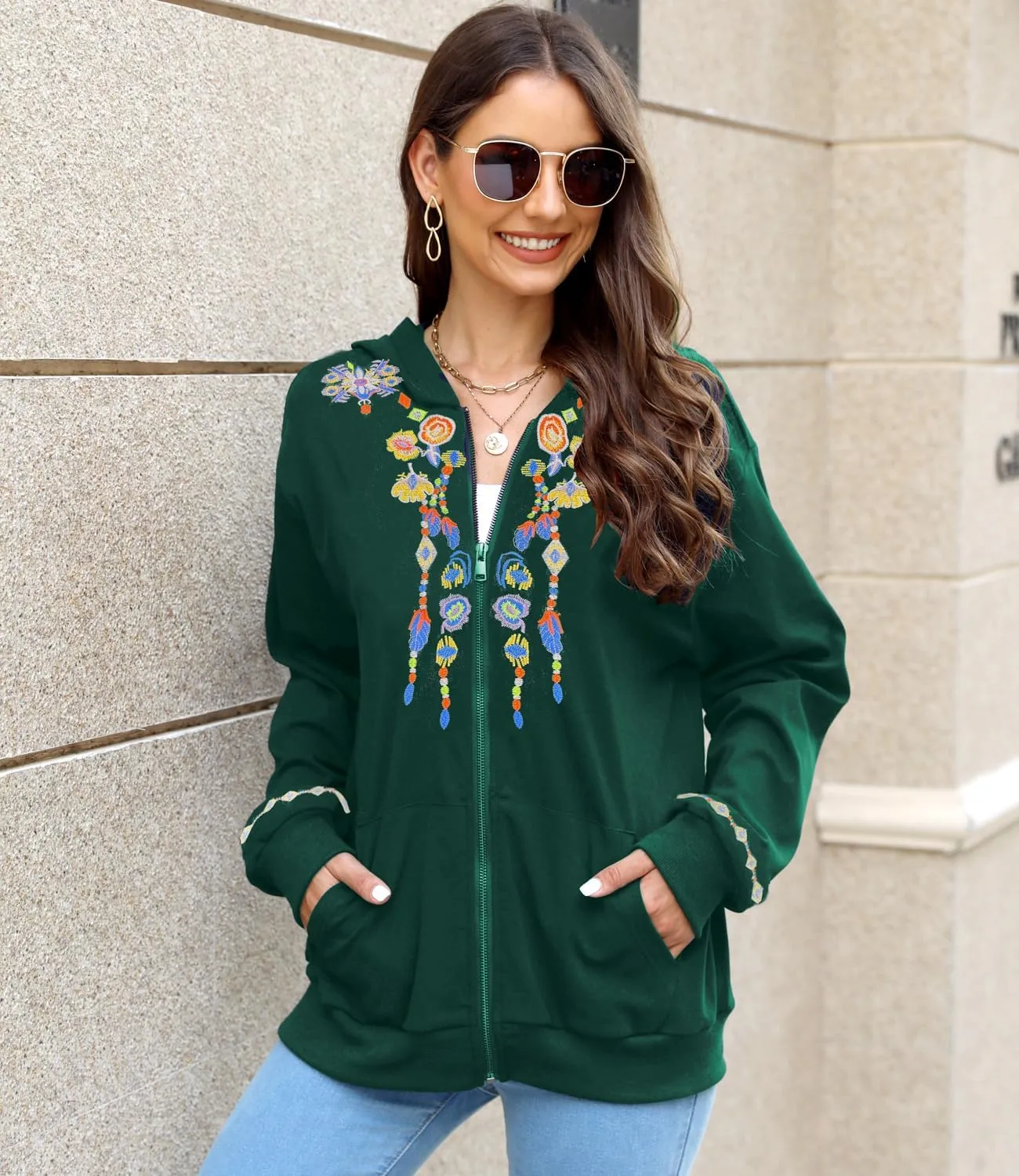 AK Women's Full Zip Long Sleeve Embroidered Sweatshirt Floral Boho Embroidered Mexican Hoodie Fall Winter Coat Tops Jackets