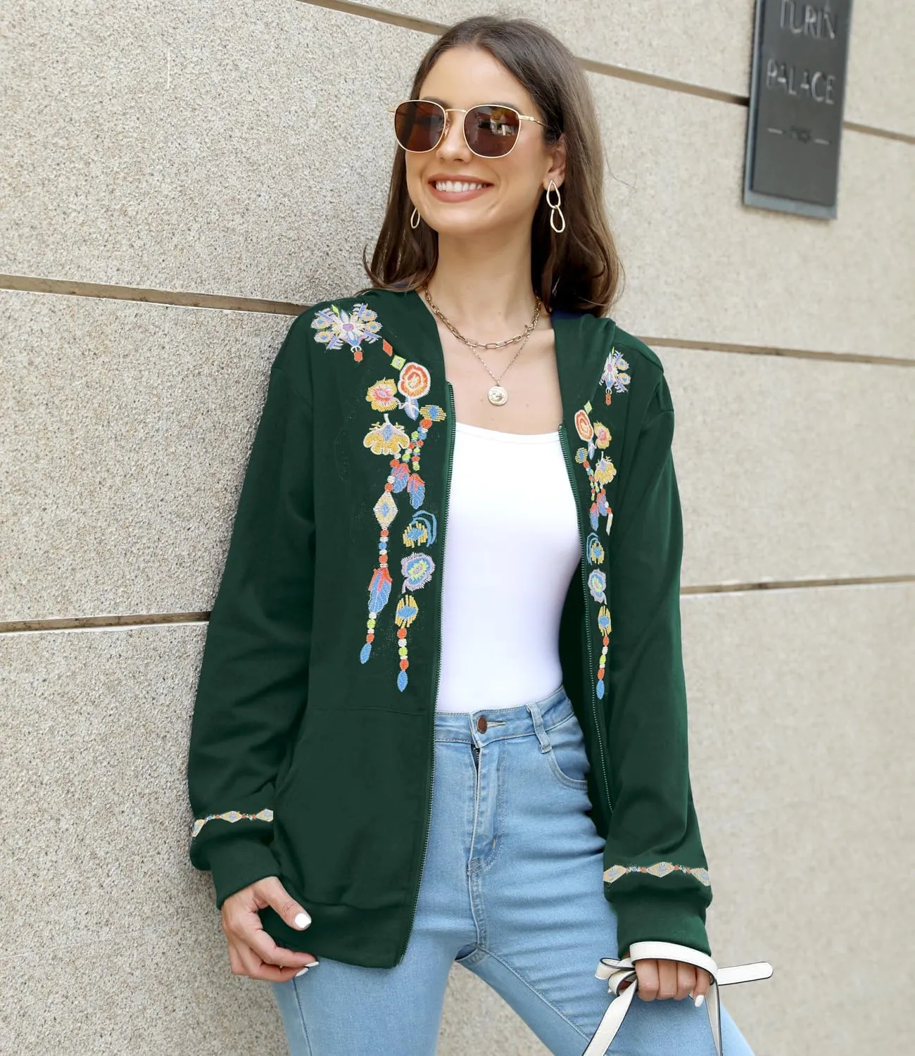 AK Women's Full Zip Long Sleeve Embroidered Sweatshirt Floral Boho Embroidered Mexican Hoodie Fall Winter Coat Tops Jackets