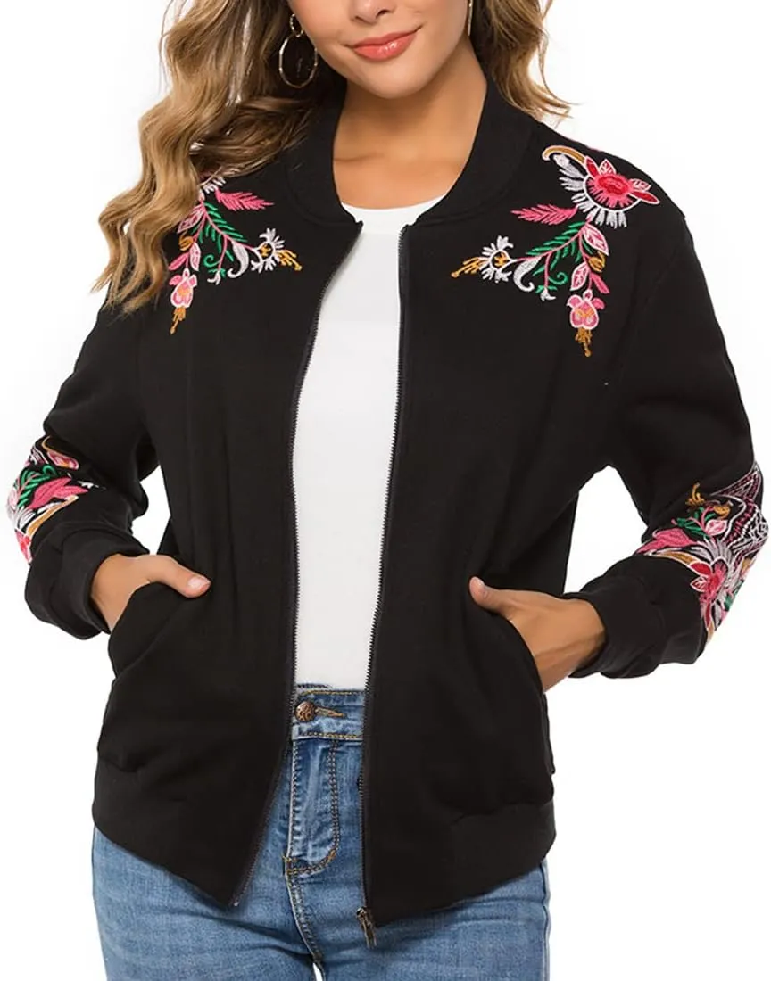 AK Women's Full Zip Long Sleeve Embroidered Sweatshirt Floral Boho Embroidered Mexican Hoodie Fall Winter Coat Tops Jackets