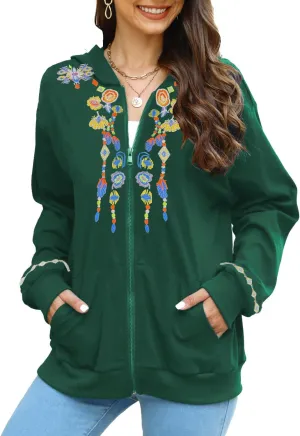 AK Women's Full Zip Long Sleeve Embroidered Sweatshirt Floral Boho Embroidered Mexican Hoodie Fall Winter Coat Tops Jackets