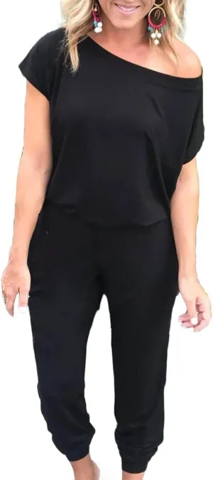 Alelly Women's Loose Fit Off Shoulder Elastic Waist Beam Foot Jumpsuit Rompers with Pockets