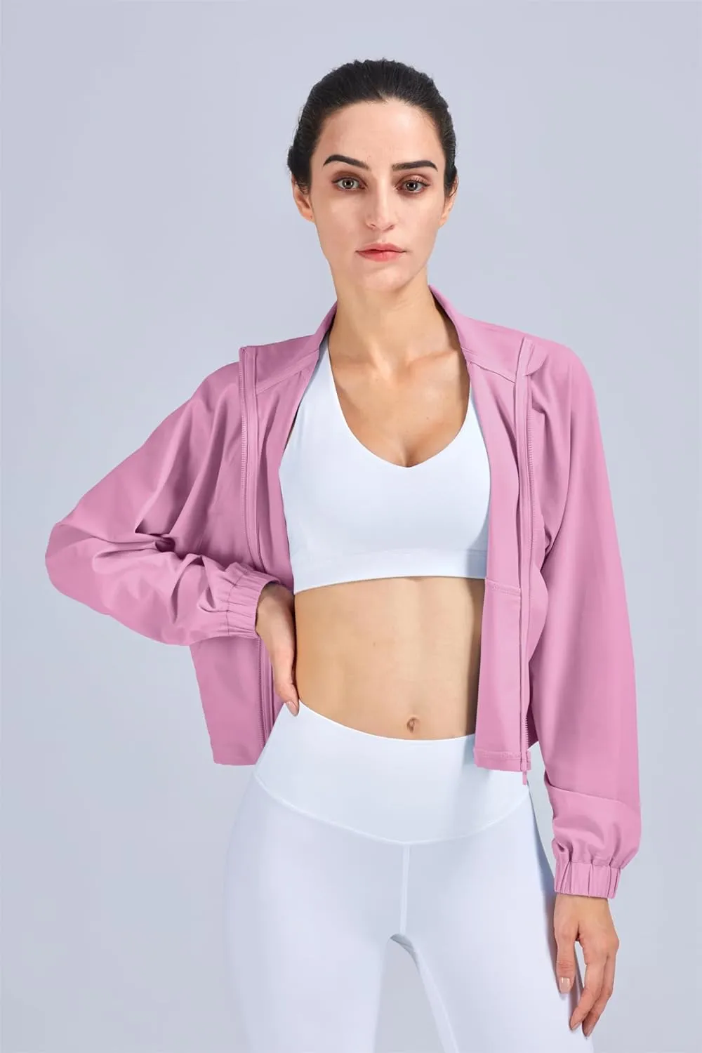 altiland Women's Athletic Running Yoga Gym Track Zip Up Cropped Jackets UPF 50  Sun Protection Long Sleeve Workout Shirts