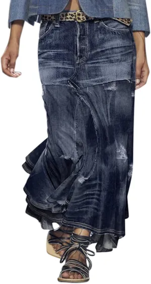 Asymmetrical Denim Skirts for Women High Waisted Casual Midi Length Skirt with Distressed Hem and Patchwork Design