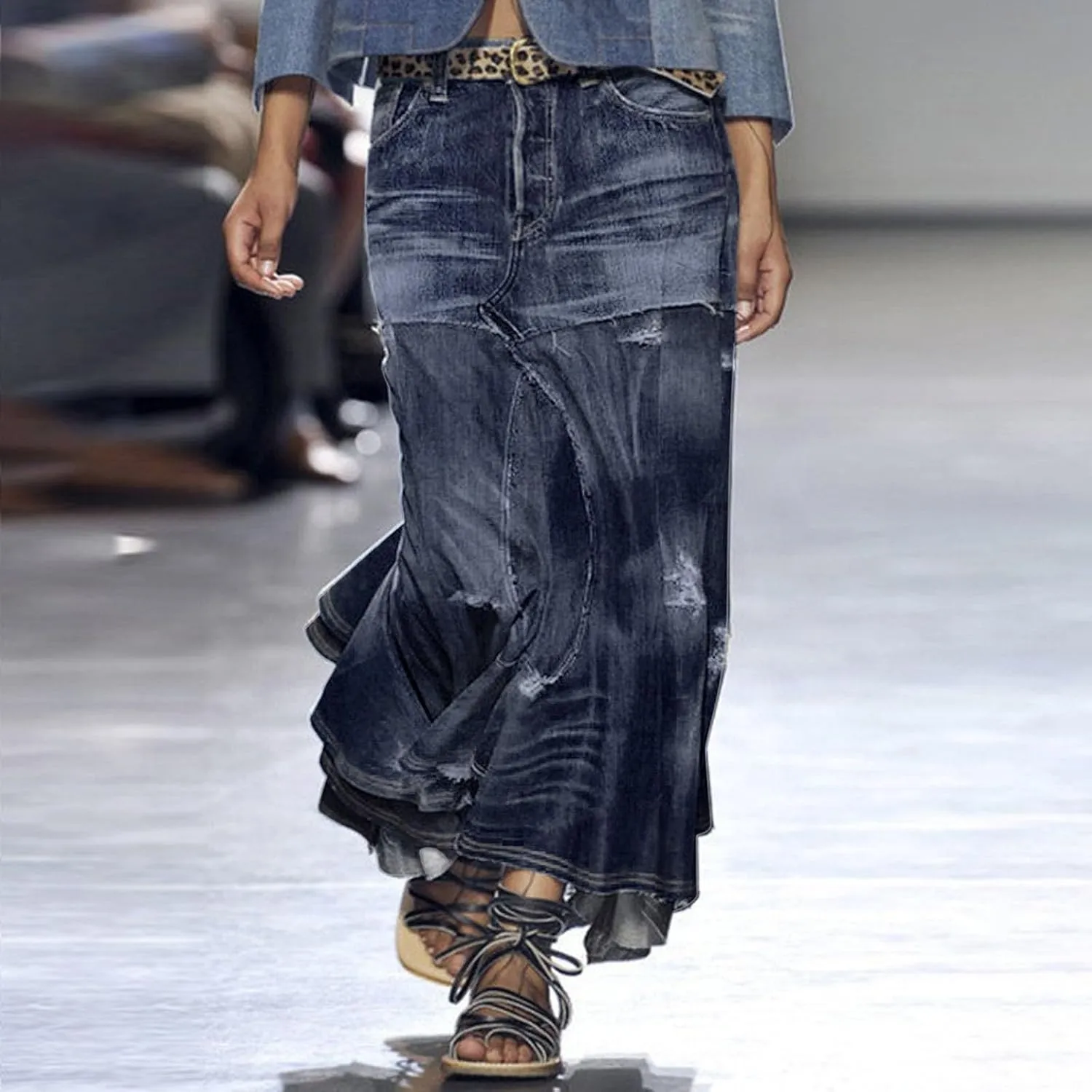 Asymmetrical Denim Skirts for Women High Waisted Casual Midi Length Skirt with Distressed Hem and Patchwork Design