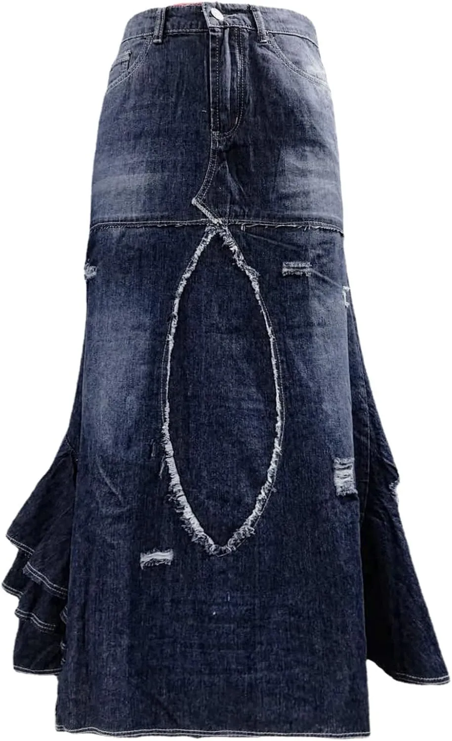 Asymmetrical Denim Skirts for Women High Waisted Casual Midi Length Skirt with Distressed Hem and Patchwork Design