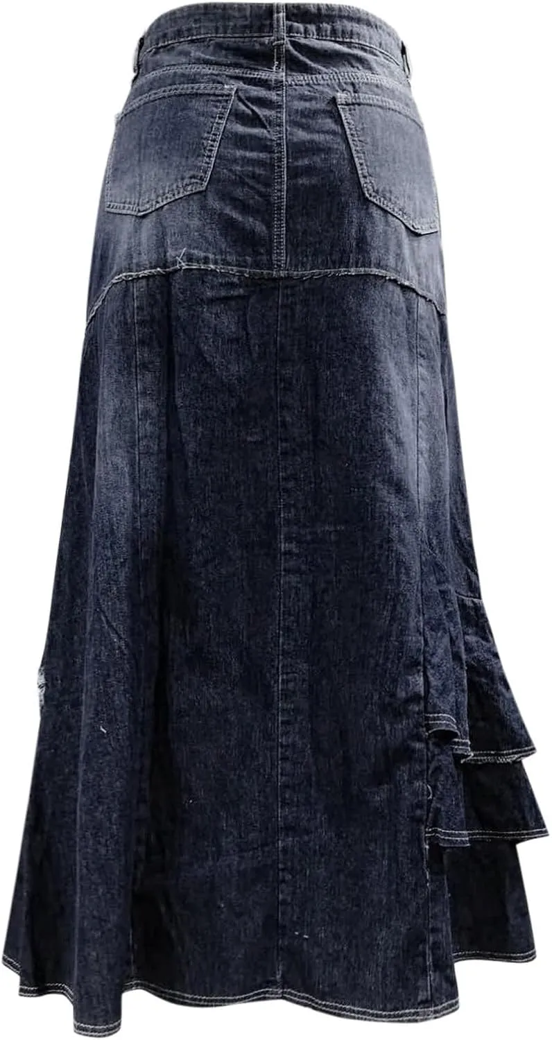 Asymmetrical Denim Skirts for Women High Waisted Casual Midi Length Skirt with Distressed Hem and Patchwork Design
