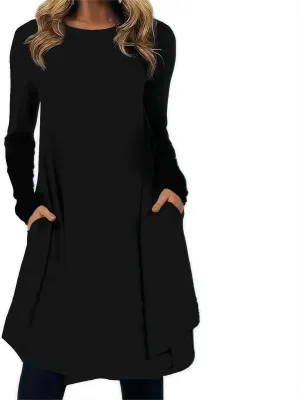 BIRW Women's Plus Size Casual Long Sleeve Crew Neck Vintage Printed T Shirt Dress Pullover Loose Swing Midi Dress with Pockets Size 2XL Black