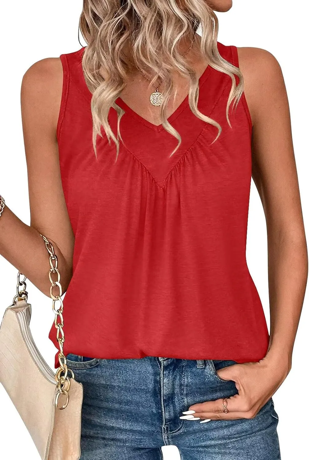 Bliwov Womens Summer Tops V Neck Ruched Cute Tank Tops Loose Fit Casual Sleeveless Beach Vacation Clothes for Woman Trendy
