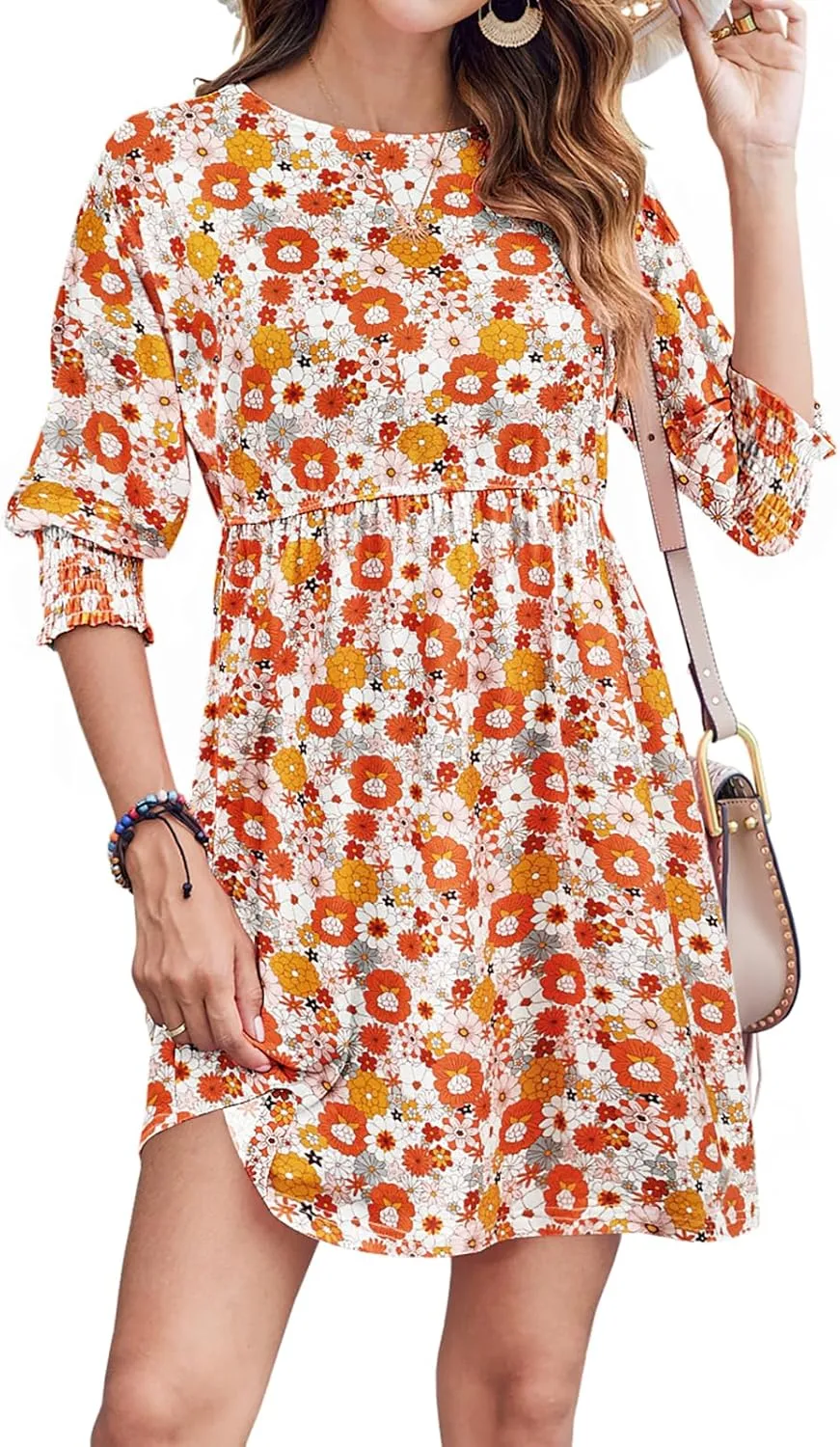 Bluetime Womens Summer Tunic Dress Crew Neck Casual 3/4 Sleeve Short Babydoll Loose Flowy Dresses