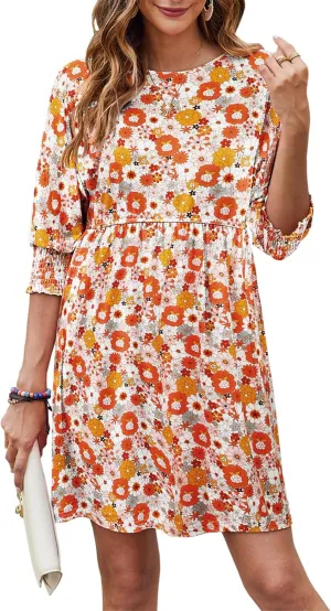 Bluetime Womens Summer Tunic Dress Crew Neck Casual 3/4 Sleeve Short Babydoll Loose Flowy Dresses