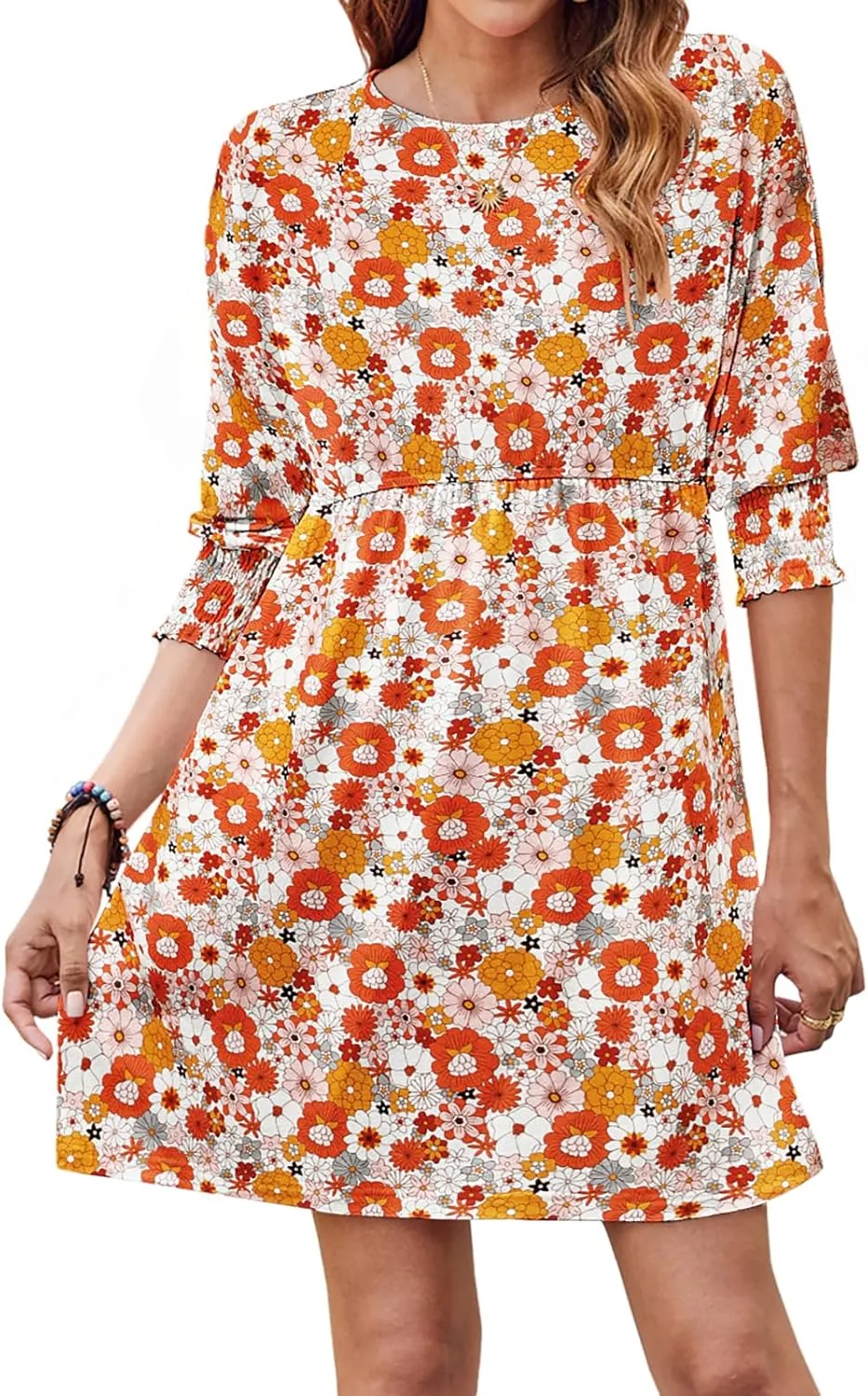 Bluetime Womens Summer Tunic Dress Crew Neck Casual 3/4 Sleeve Short Babydoll Loose Flowy Dresses