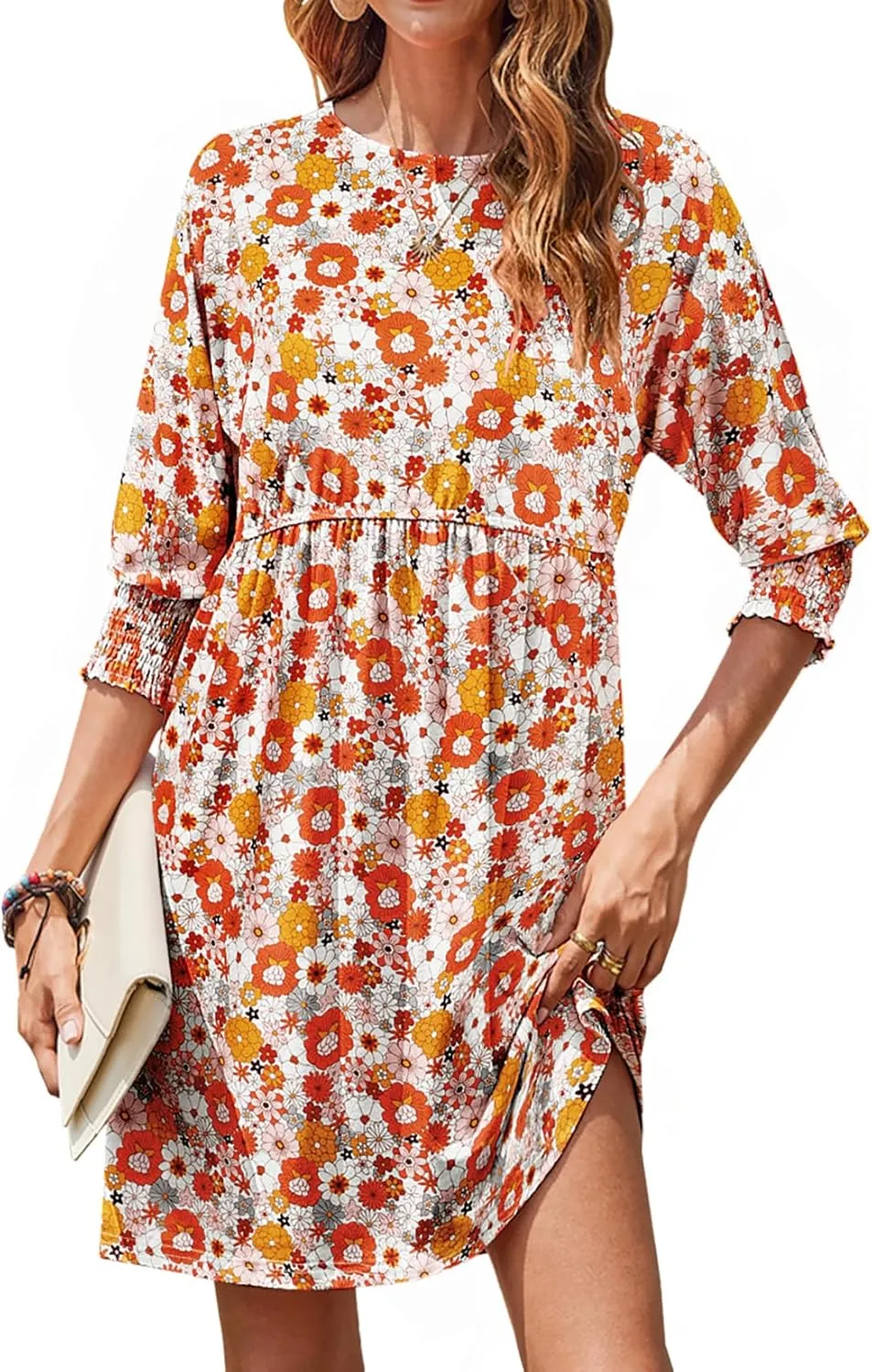 Bluetime Womens Summer Tunic Dress Crew Neck Casual 3/4 Sleeve Short Babydoll Loose Flowy Dresses