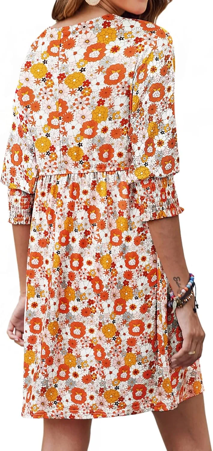 Bluetime Womens Summer Tunic Dress Crew Neck Casual 3/4 Sleeve Short Babydoll Loose Flowy Dresses