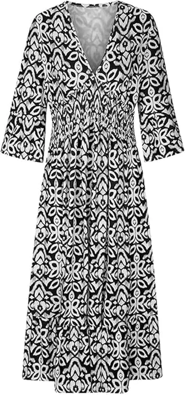 Boho Dresses for Women Summer 2024 Floral Bohemian Dress Casual 3/4 Sleeve V Neck Dress Ruffle Hem Maxi Sundress