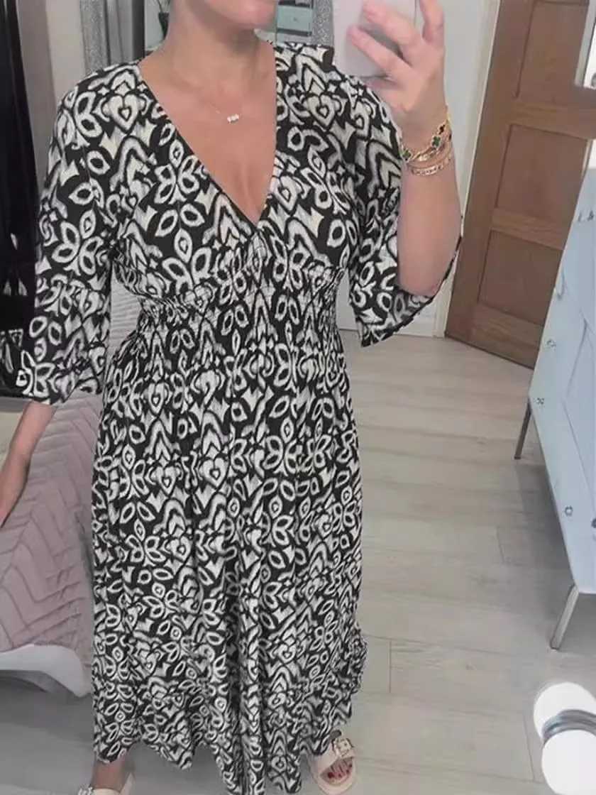 Boho Dresses for Women Summer 2024 Floral Bohemian Dress Casual 3/4 Sleeve V Neck Dress Ruffle Hem Maxi Sundress