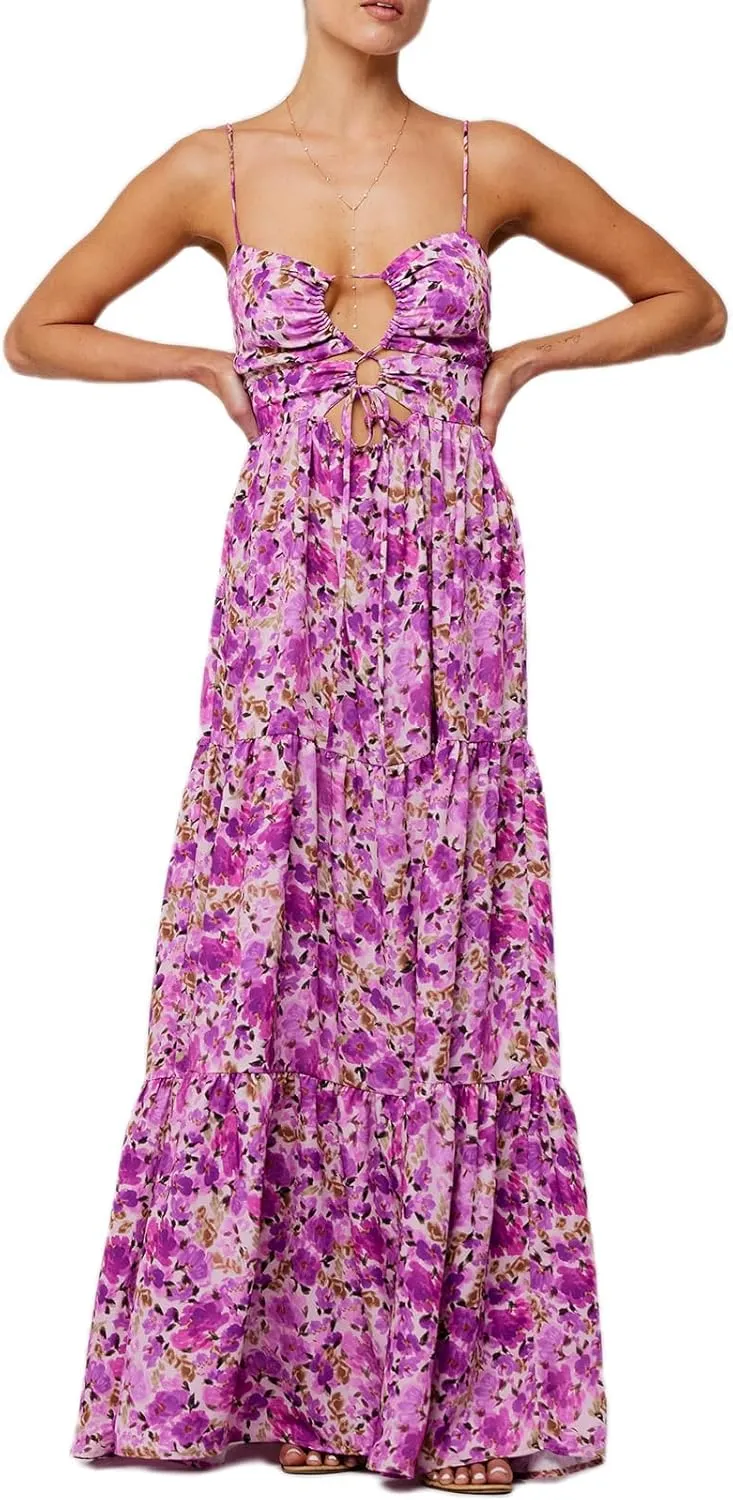 Boho Floral Tie Front Maxi Dress Women Y2k Cutout Flowy Spaghetti Strap Beach Sundress Long Cami Dresses Summer
