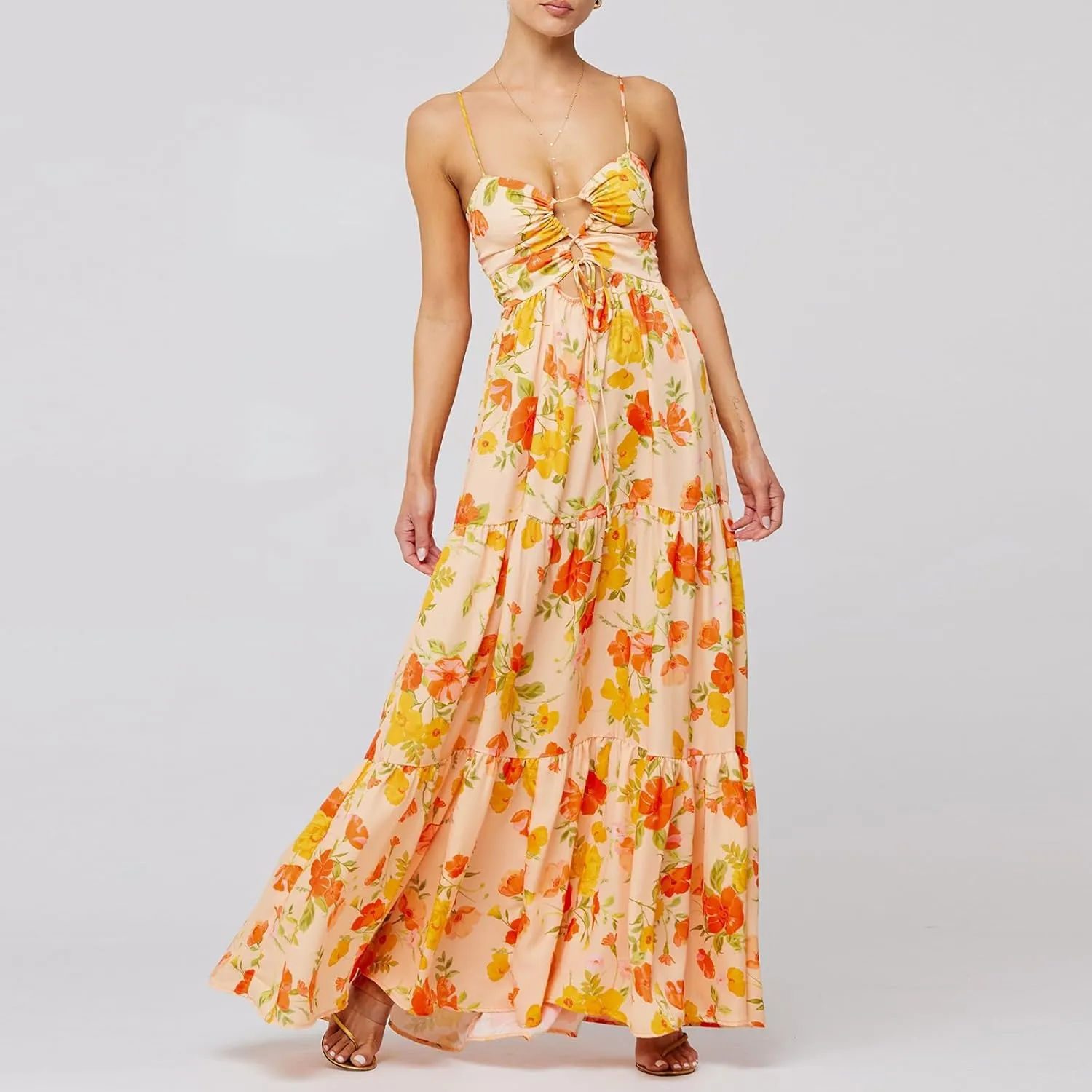 Boho Floral Tie Front Maxi Dress Women Y2k Cutout Flowy Spaghetti Strap Beach Sundress Long Cami Dresses Summer