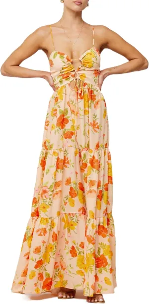 Boho Floral Tie Front Maxi Dress Women Y2k Cutout Flowy Spaghetti Strap Beach Sundress Long Cami Dresses Summer