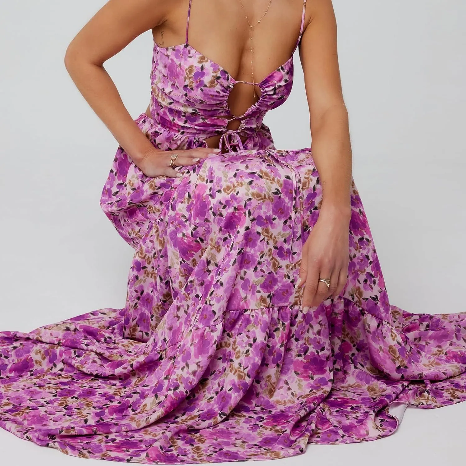 Boho Floral Tie Front Maxi Dress Women Y2k Cutout Flowy Spaghetti Strap Beach Sundress Long Cami Dresses Summer