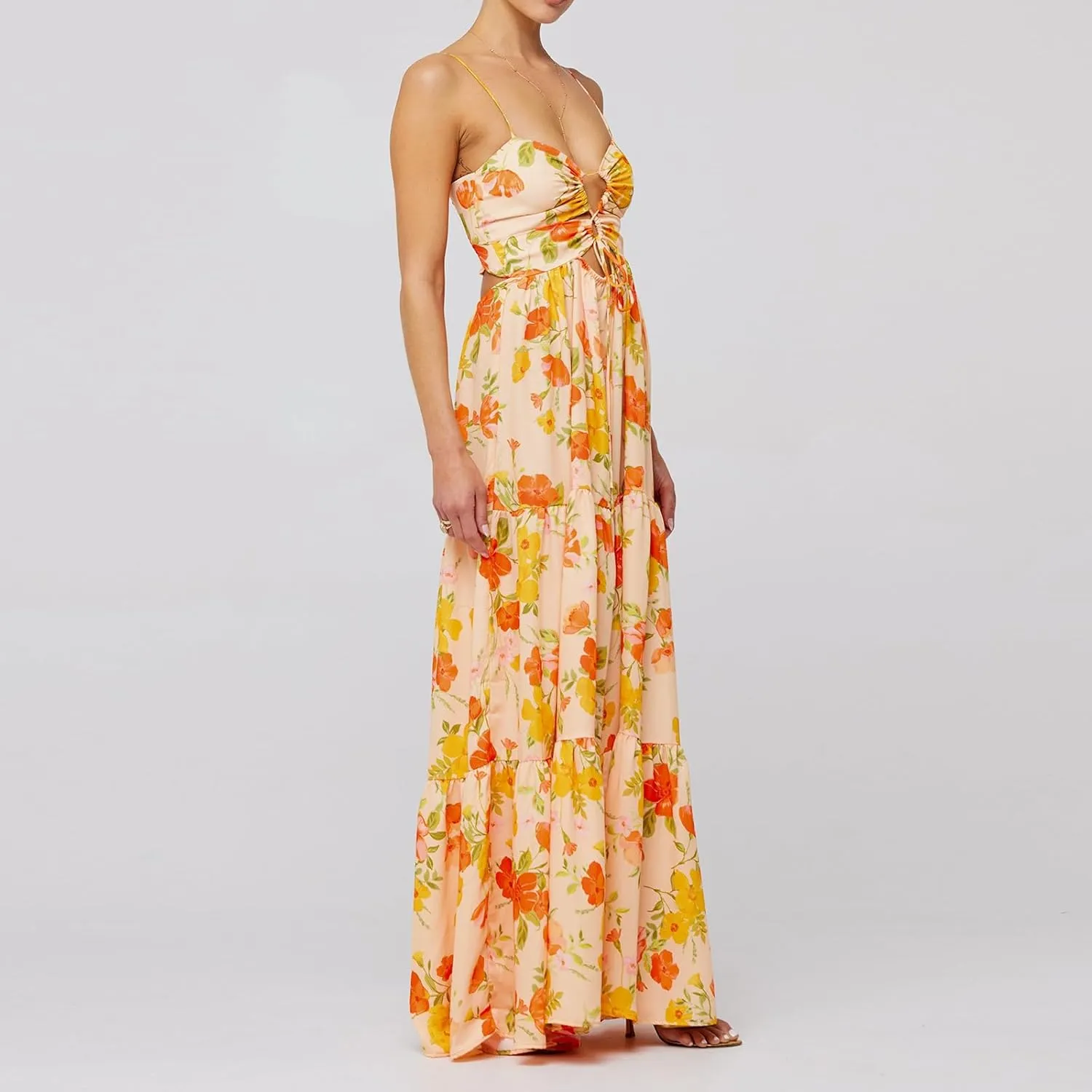 Boho Floral Tie Front Maxi Dress Women Y2k Cutout Flowy Spaghetti Strap Beach Sundress Long Cami Dresses Summer