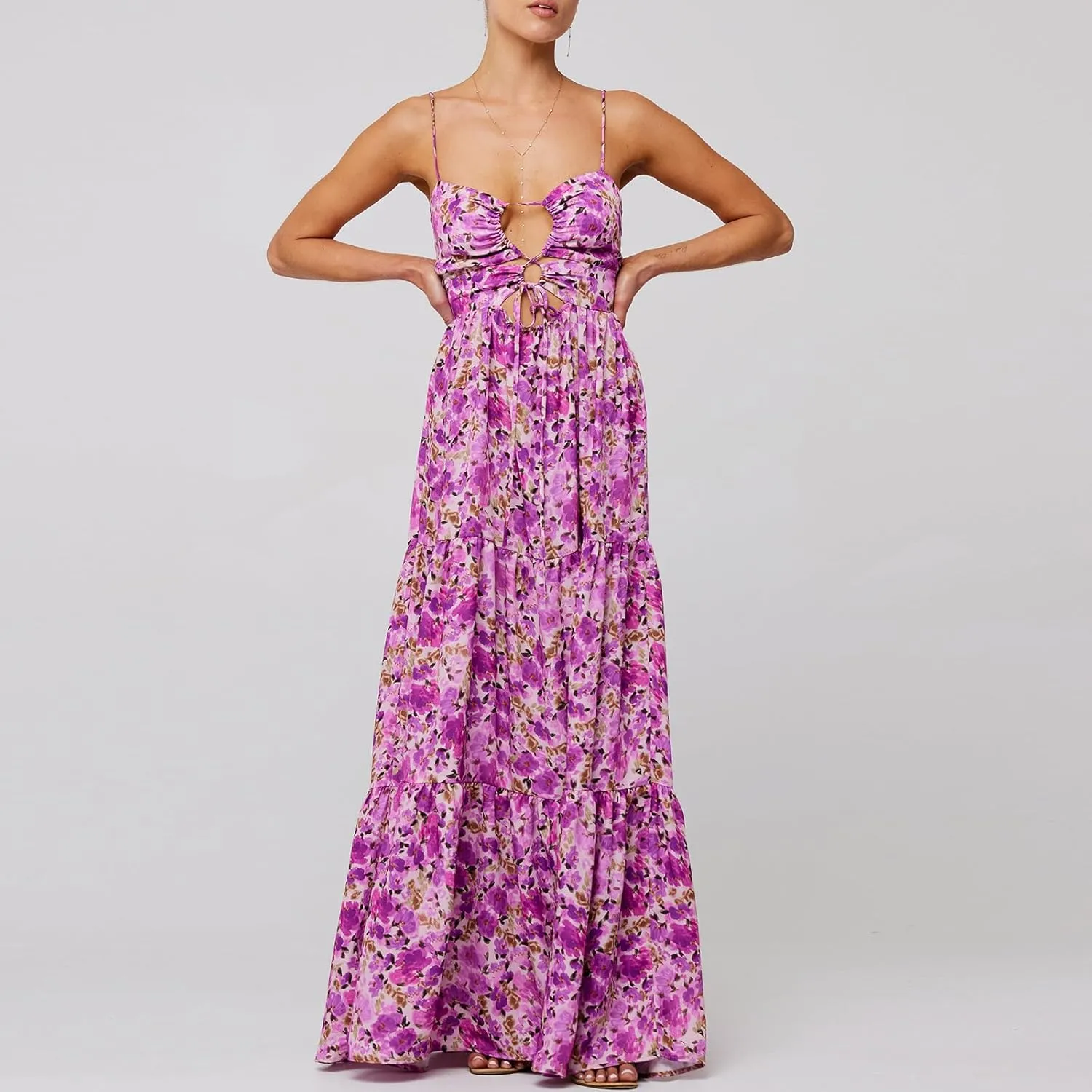 Boho Floral Tie Front Maxi Dress Women Y2k Cutout Flowy Spaghetti Strap Beach Sundress Long Cami Dresses Summer