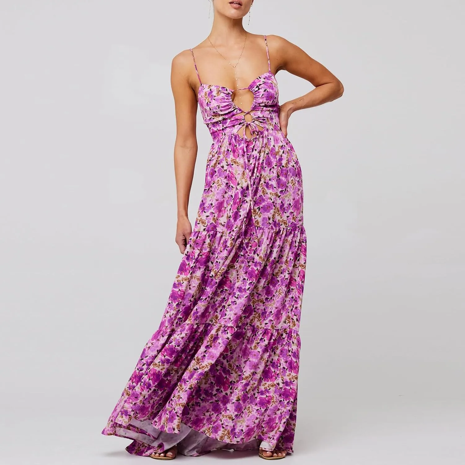 Boho Floral Tie Front Maxi Dress Women Y2k Cutout Flowy Spaghetti Strap Beach Sundress Long Cami Dresses Summer