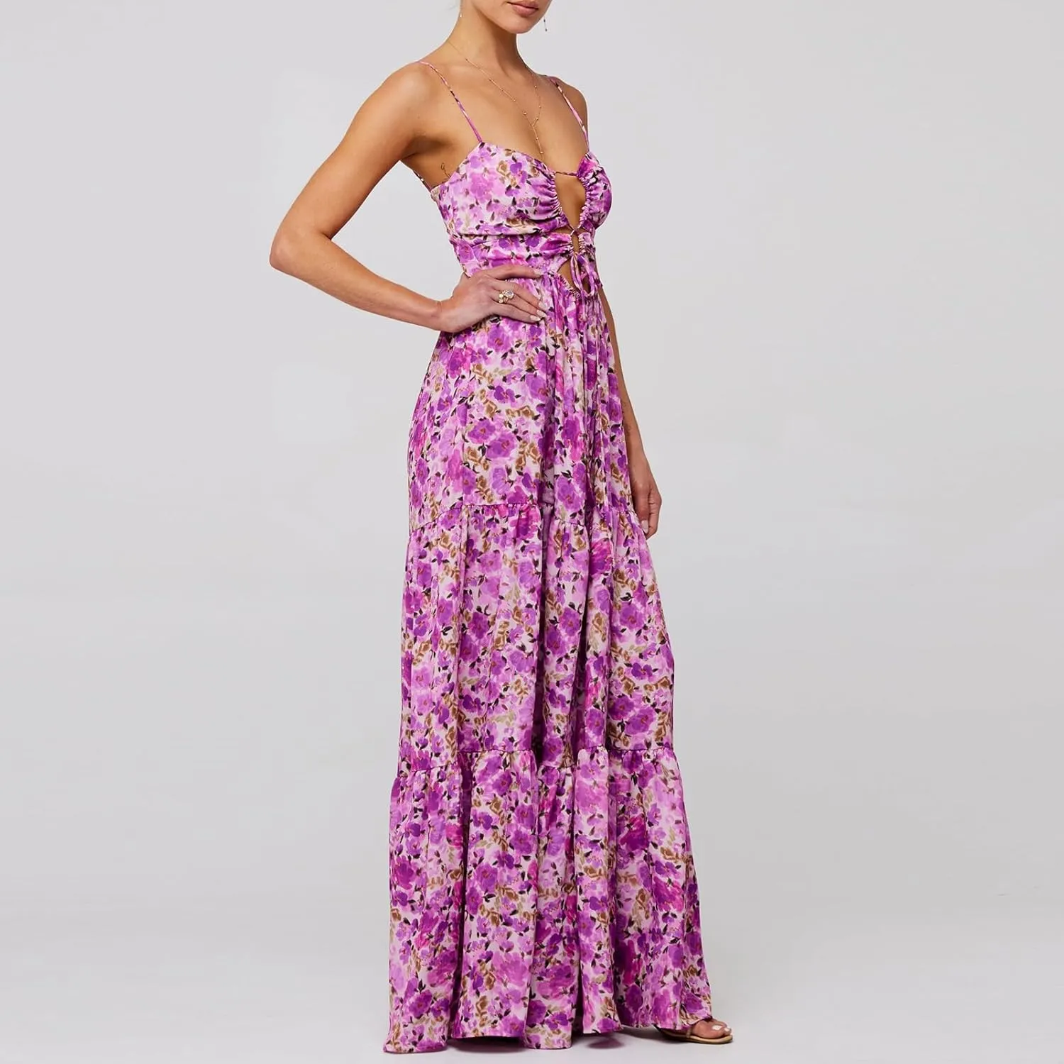 Boho Floral Tie Front Maxi Dress Women Y2k Cutout Flowy Spaghetti Strap Beach Sundress Long Cami Dresses Summer
