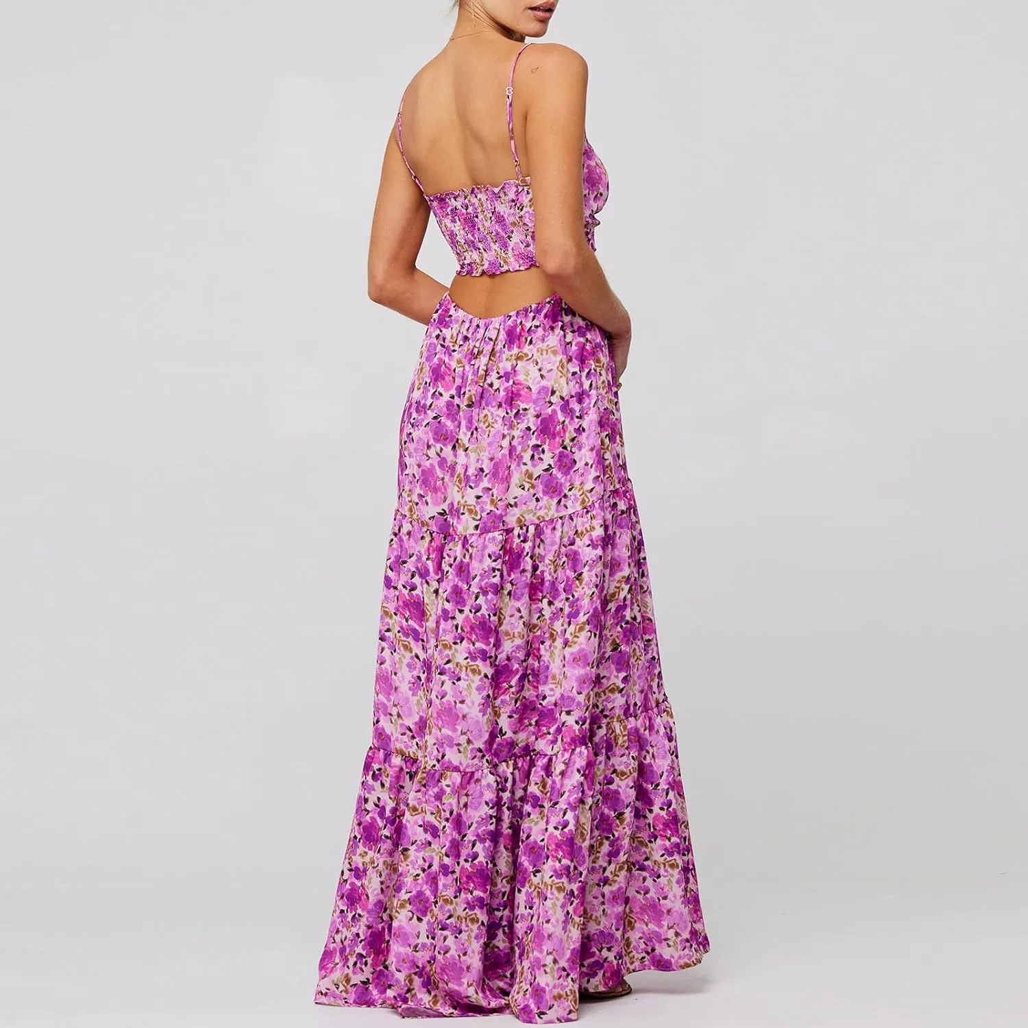 Boho Floral Tie Front Maxi Dress Women Y2k Cutout Flowy Spaghetti Strap Beach Sundress Long Cami Dresses Summer