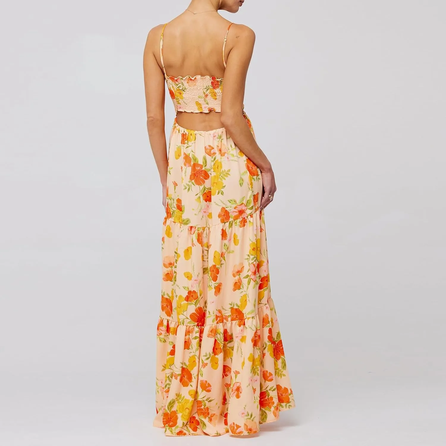 Boho Floral Tie Front Maxi Dress Women Y2k Cutout Flowy Spaghetti Strap Beach Sundress Long Cami Dresses Summer