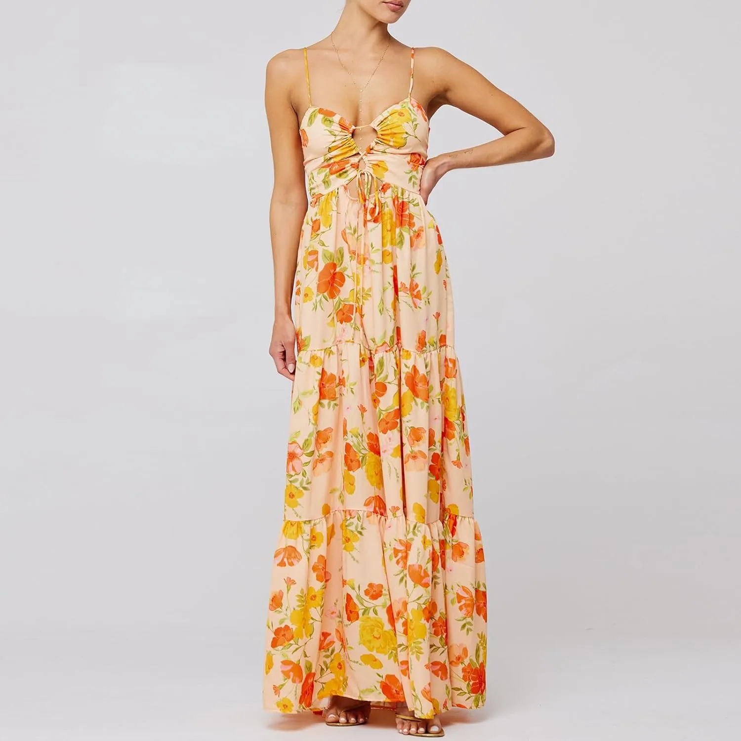 Boho Floral Tie Front Maxi Dress Women Y2k Cutout Flowy Spaghetti Strap Beach Sundress Long Cami Dresses Summer