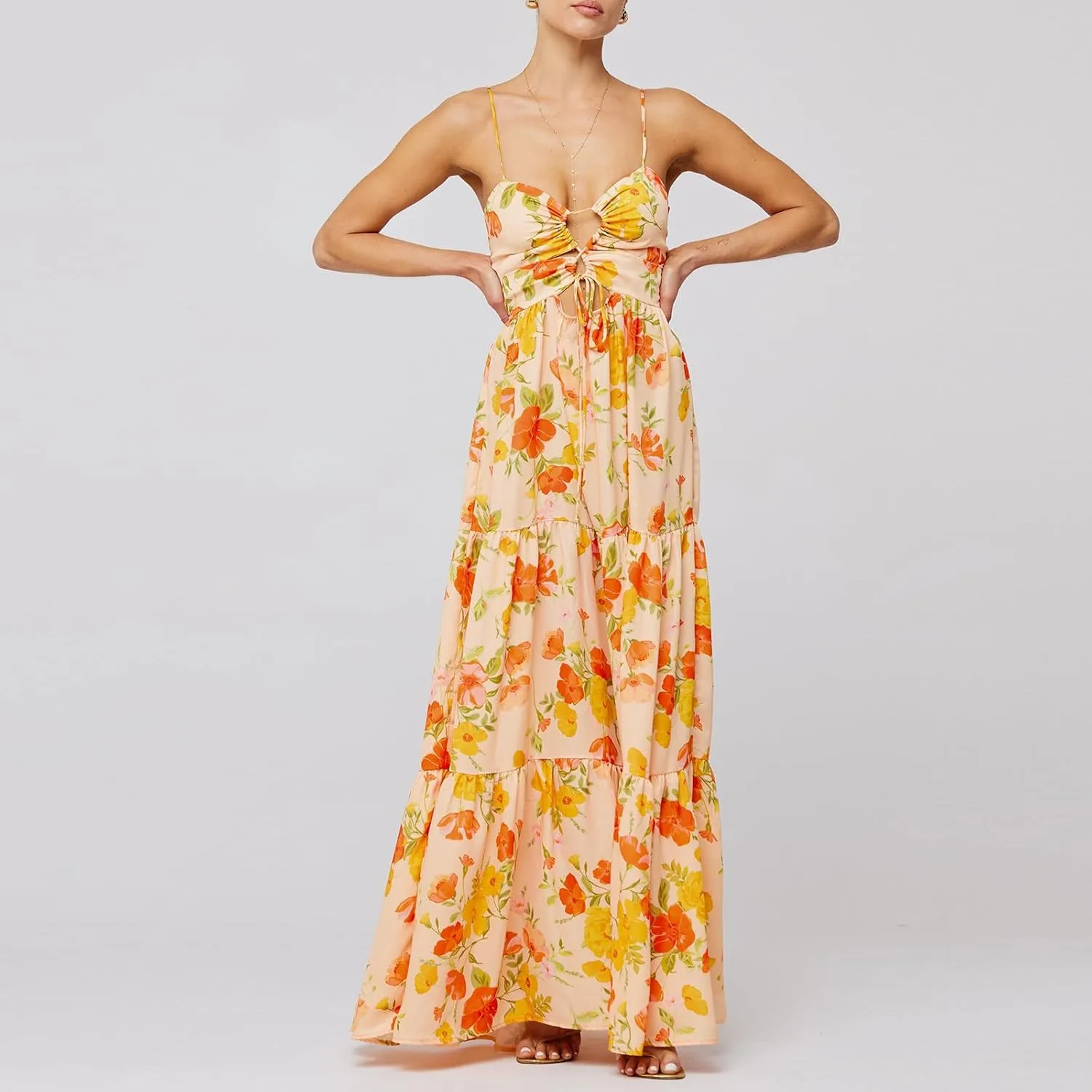 Boho Floral Tie Front Maxi Dress Women Y2k Cutout Flowy Spaghetti Strap Beach Sundress Long Cami Dresses Summer