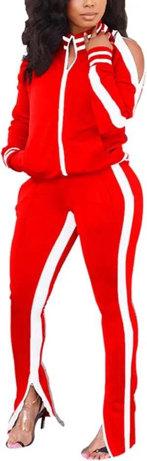 Bornpom Women 2 Piece Outfits Striped Patchwork Color Block Jackets Bodycon Side Slit Long Pants Tracksuit Sets
