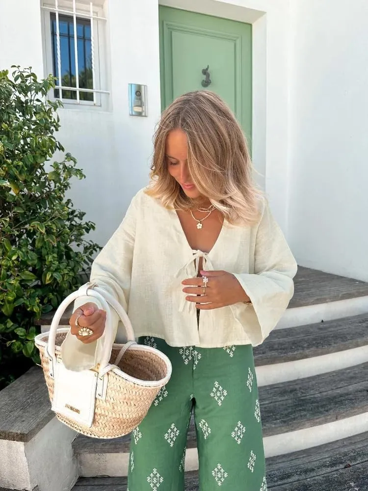 Bow Tie Front Tops for Women V Neck Linen Lace Up Shirts Casual Long Flare Sleeve Blouese Summer Going Out Tops