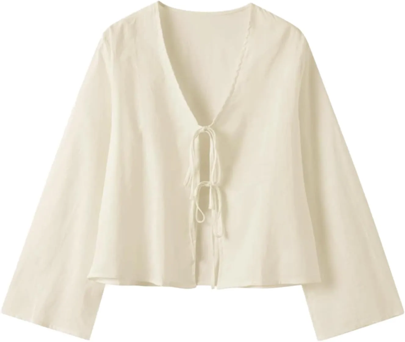 Bow Tie Front Tops for Women V Neck Linen Lace Up Shirts Casual Long Flare Sleeve Blouese Summer Going Out Tops