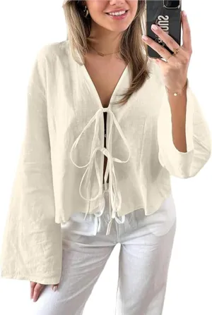Bow Tie Front Tops for Women V Neck Linen Lace Up Shirts Casual Long Flare Sleeve Blouese Summer Going Out Tops