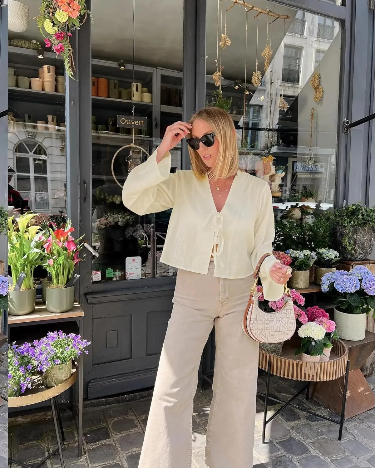Bow Tie Front Tops for Women V Neck Linen Lace Up Shirts Casual Long Flare Sleeve Blouese Summer Going Out Tops