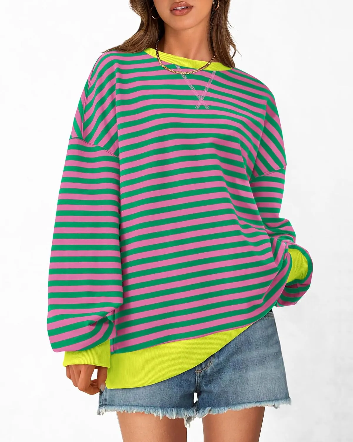 BTFBM Womens Striped Pullover Tops Spring Fall Clothes 2025 Long Sleeve Shirts Trendy Crew Neck Loose Y2K Sweatshirts