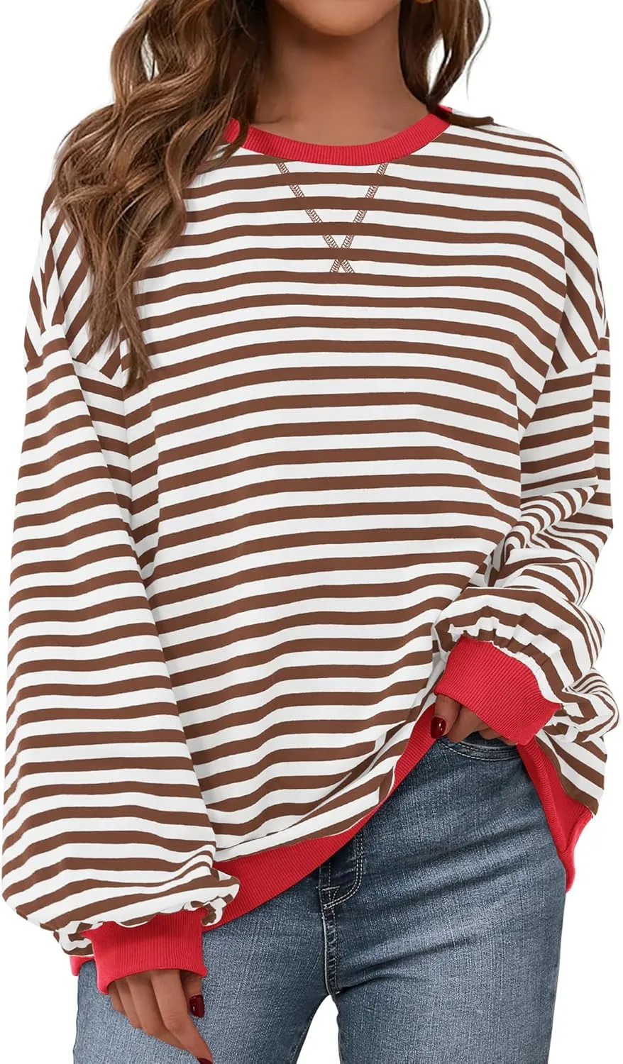 BTFBM Womens Striped Pullover Tops Spring Fall Clothes 2025 Long Sleeve Shirts Trendy Crew Neck Loose Y2K Sweatshirts