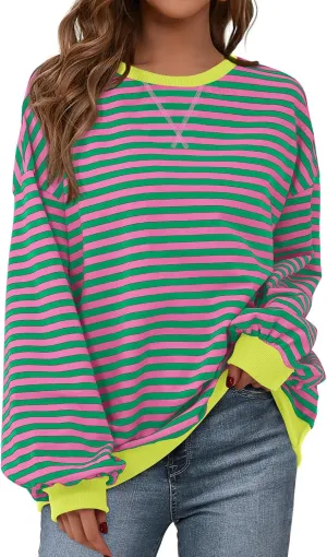 BTFBM Womens Striped Pullover Tops Spring Fall Clothes 2025 Long Sleeve Shirts Trendy Crew Neck Loose Y2K Sweatshirts