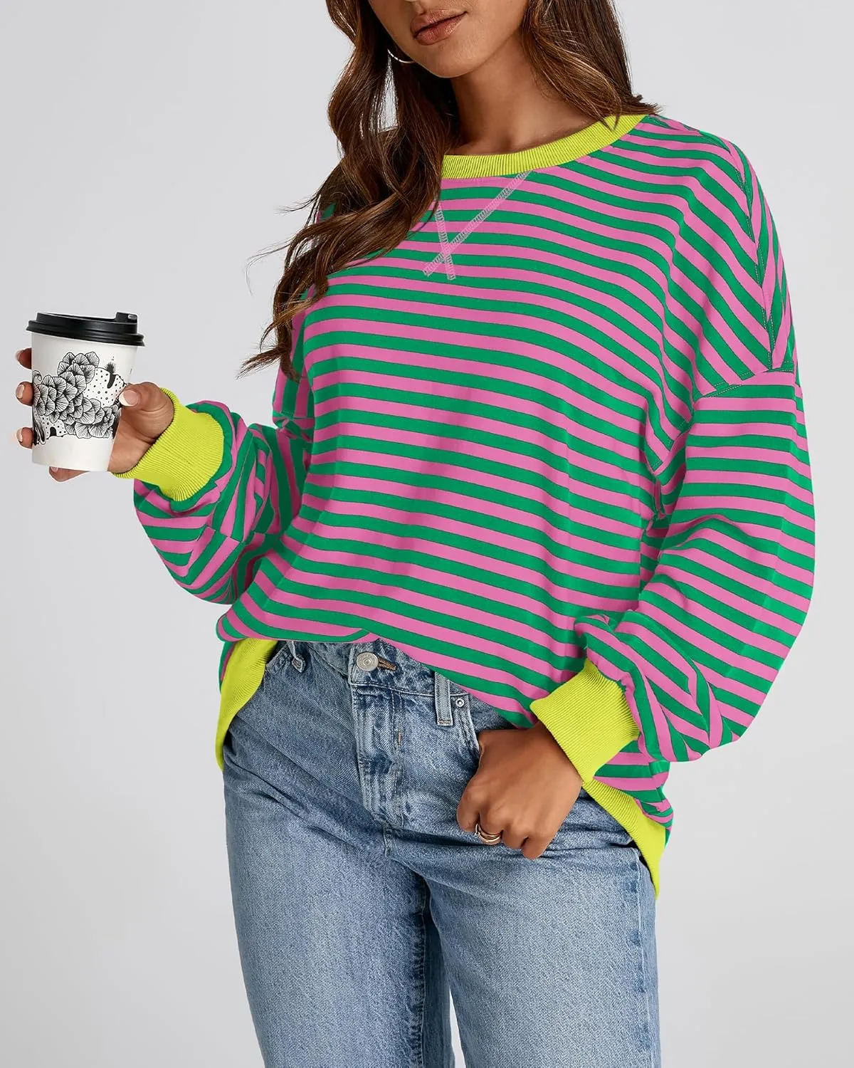 BTFBM Womens Striped Pullover Tops Spring Fall Clothes 2025 Long Sleeve Shirts Trendy Crew Neck Loose Y2K Sweatshirts