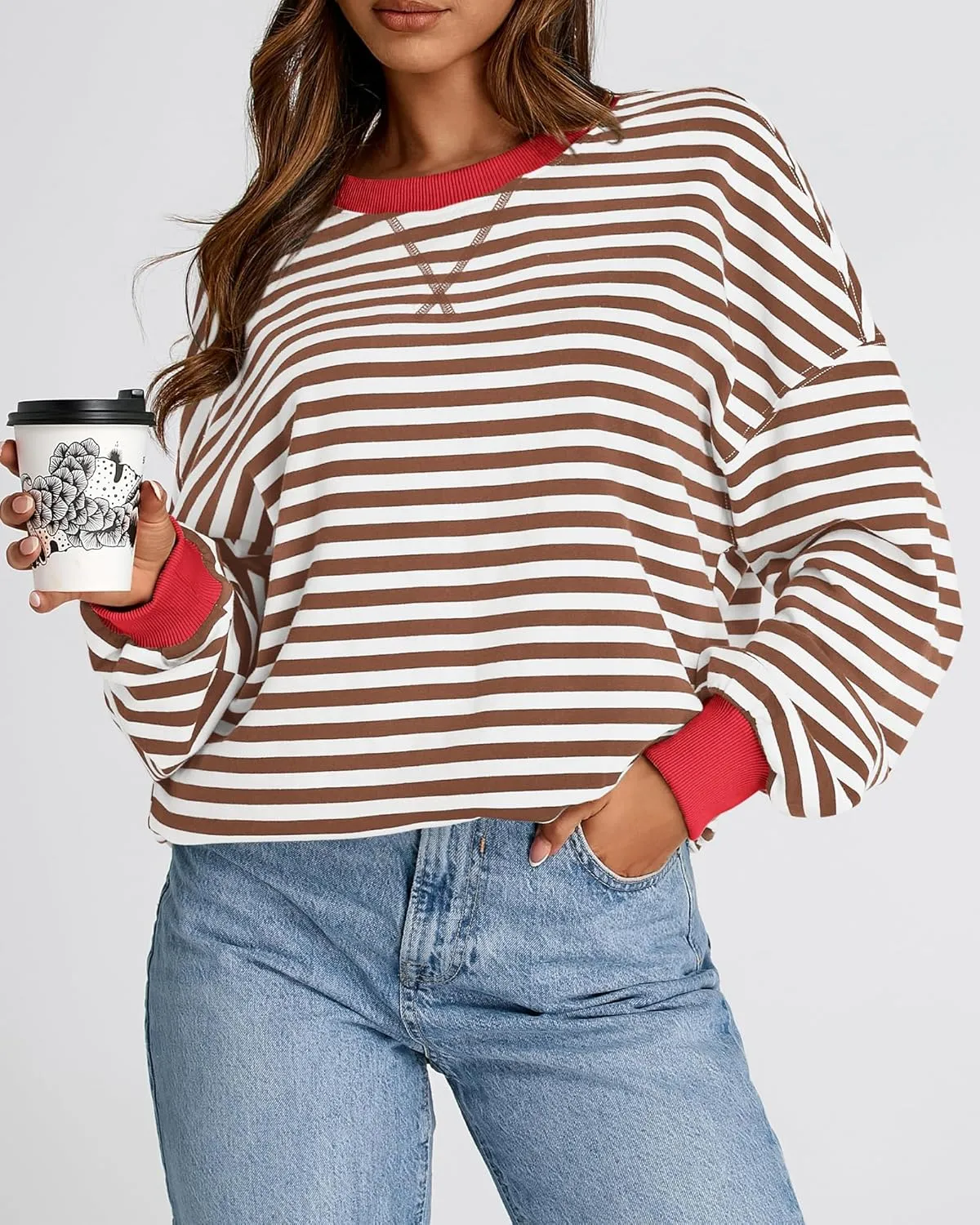 BTFBM Womens Striped Pullover Tops Spring Fall Clothes 2025 Long Sleeve Shirts Trendy Crew Neck Loose Y2K Sweatshirts