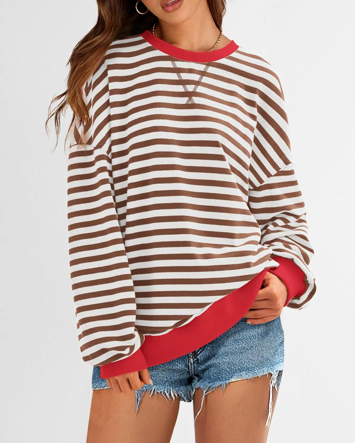 BTFBM Womens Striped Pullover Tops Spring Fall Clothes 2025 Long Sleeve Shirts Trendy Crew Neck Loose Y2K Sweatshirts