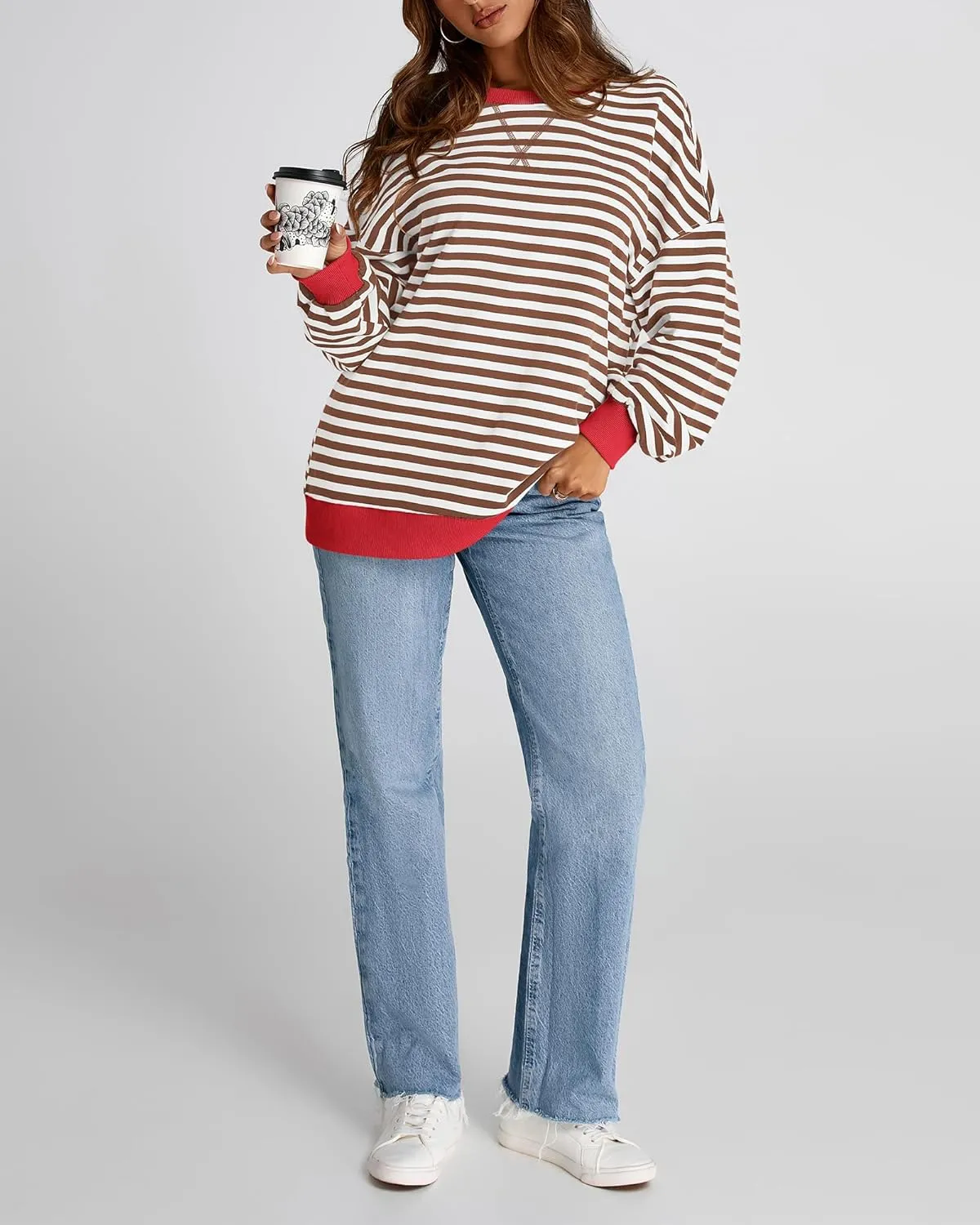 BTFBM Womens Striped Pullover Tops Spring Fall Clothes 2025 Long Sleeve Shirts Trendy Crew Neck Loose Y2K Sweatshirts