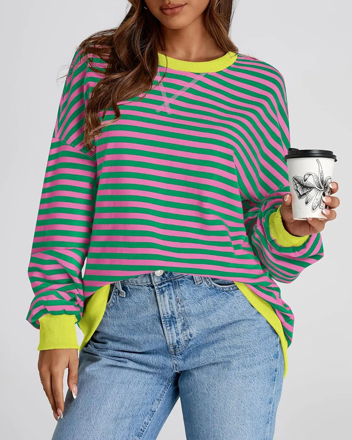 BTFBM Womens Striped Pullover Tops Spring Fall Clothes 2025 Long Sleeve Shirts Trendy Crew Neck Loose Y2K Sweatshirts